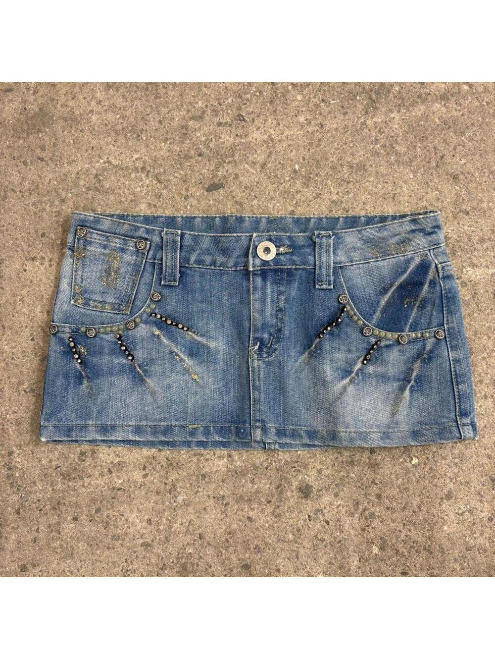 Vintage Y2K Denim Micro Mini Skirt Low Rise LW Skull Stud